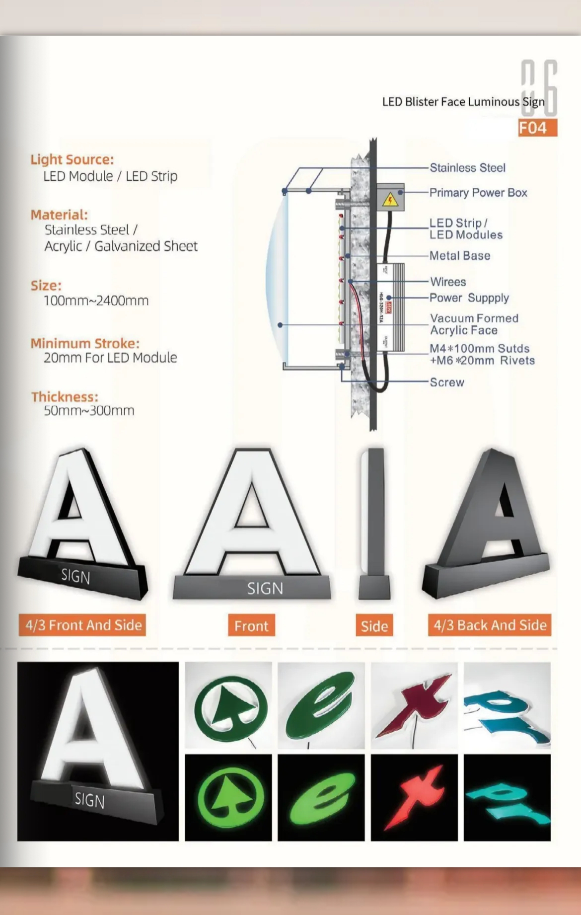 Lettres LED face bombée thermoformée (F04)